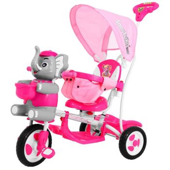 3-kołowy Rowerek dla dzieci Słonik Różowy + Dźwięki + Daszek + Barierka + Podnóżek + Rączka + Schowek